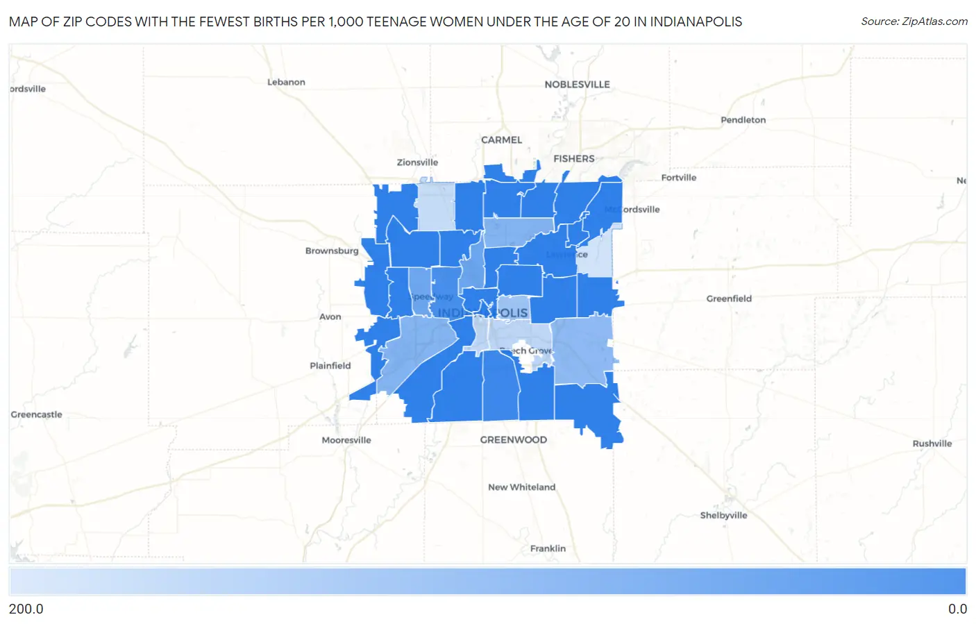 Zip Codes with the Fewest Births per 1,000 Teenage Women Under the Age of 20 in Indianapolis Map