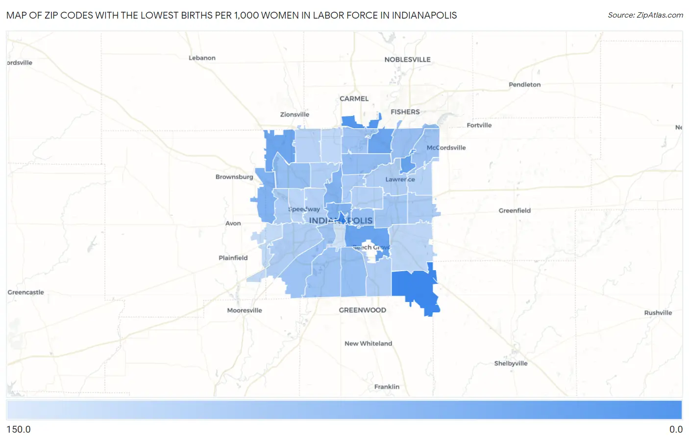 Zip Codes with the Lowest Births per 1,000 Women in Labor Force in Indianapolis Map
