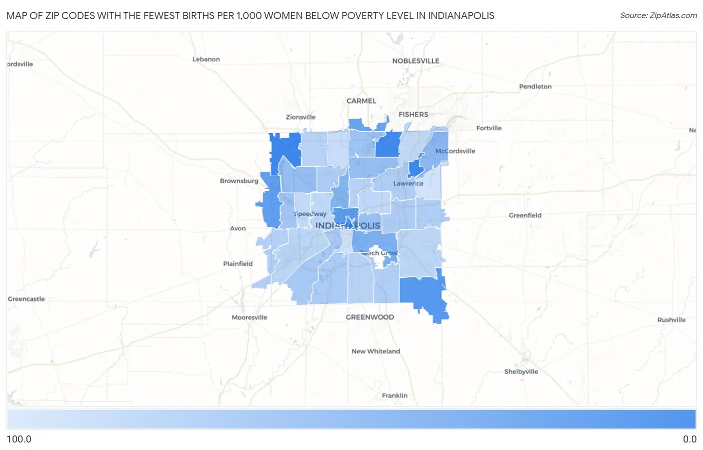 Zip Codes with the Fewest Births per 1,000 Women Below Poverty Level in Indianapolis Map