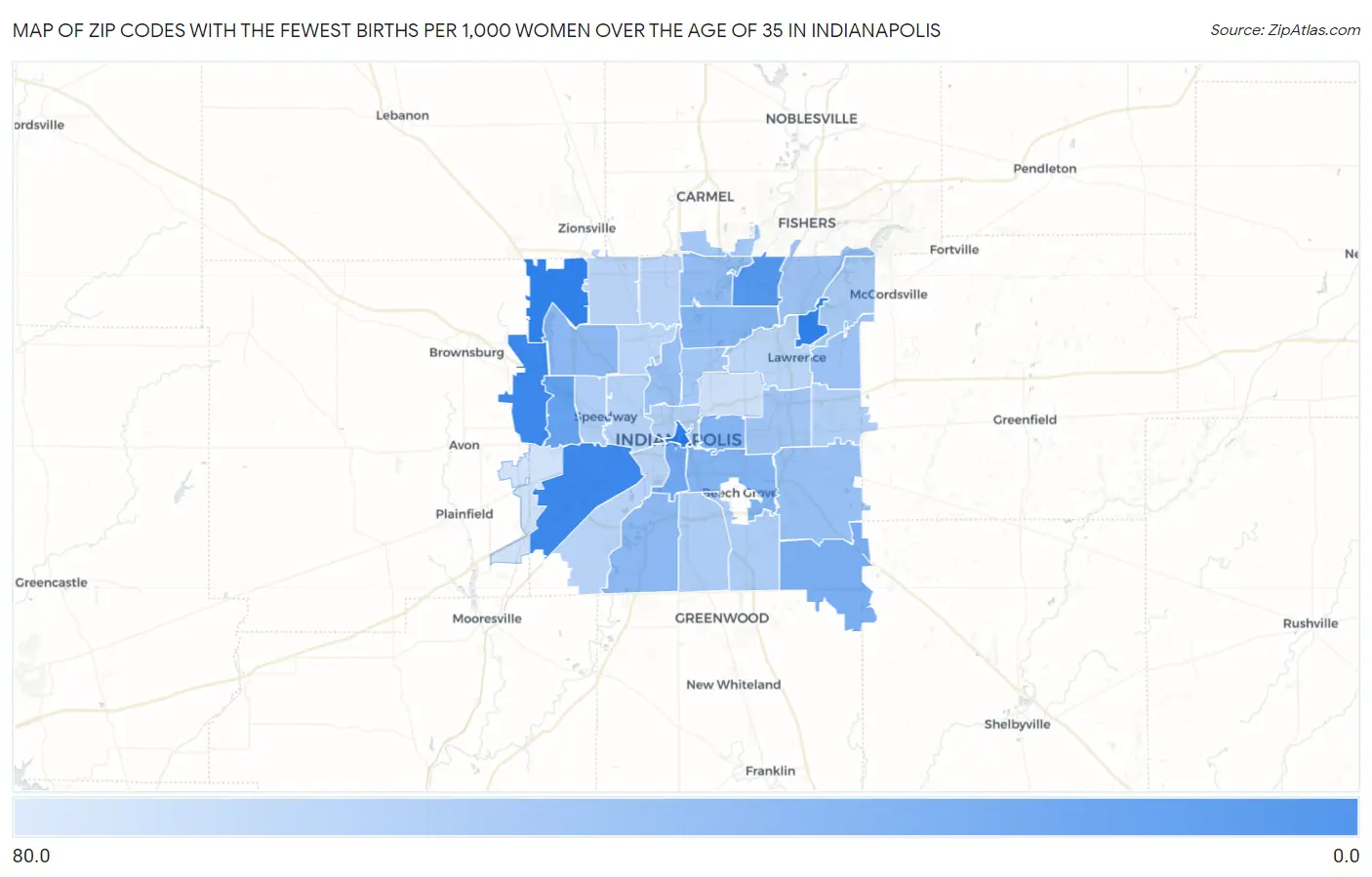 Zip Codes with the Fewest Births per 1,000 Women Over the Age of 35 in Indianapolis Map