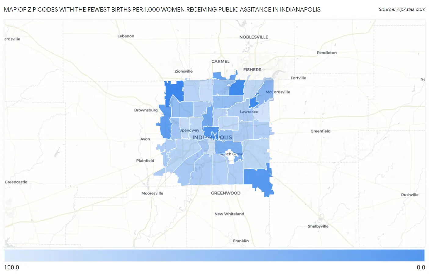 Zip Codes with the Fewest Births per 1,000 Women Receiving Public Assitance in Indianapolis Map