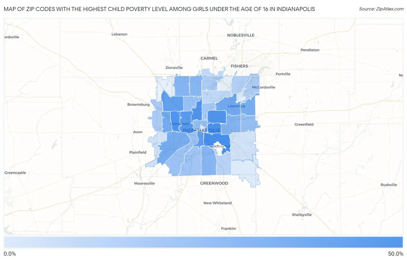 Zip Codes with the Highest Child Poverty Level Among Girls Under the Age of 16 in Indianapolis Map