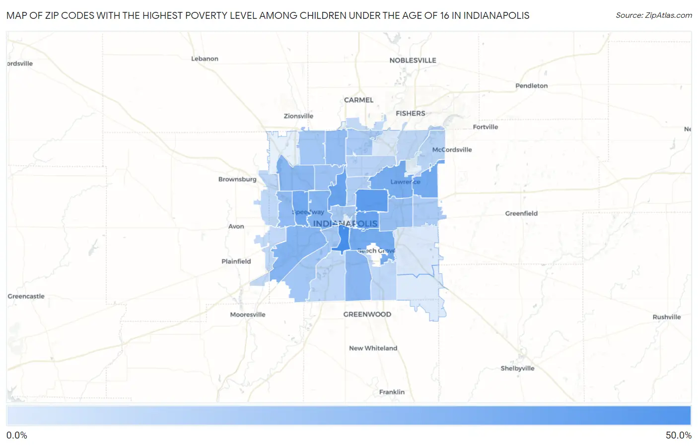Zip Codes with the Highest Poverty Level Among Children Under the Age of 16 in Indianapolis Map