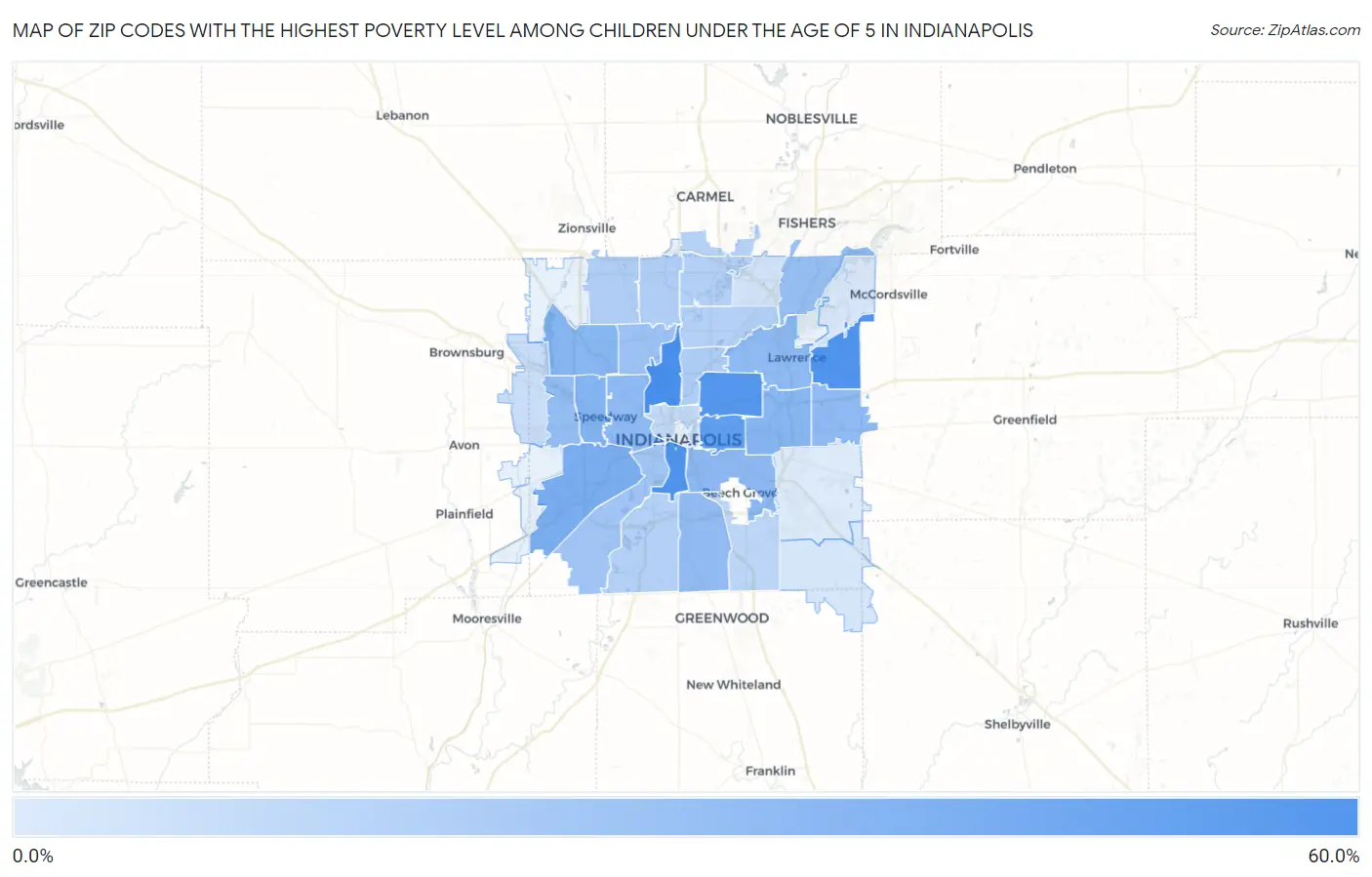 Zip Codes with the Highest Poverty Level Among Children Under the Age of 5 in Indianapolis Map