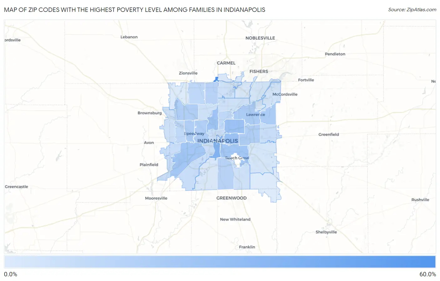 Zip Codes with the Highest Poverty Level Among Families in Indianapolis Map