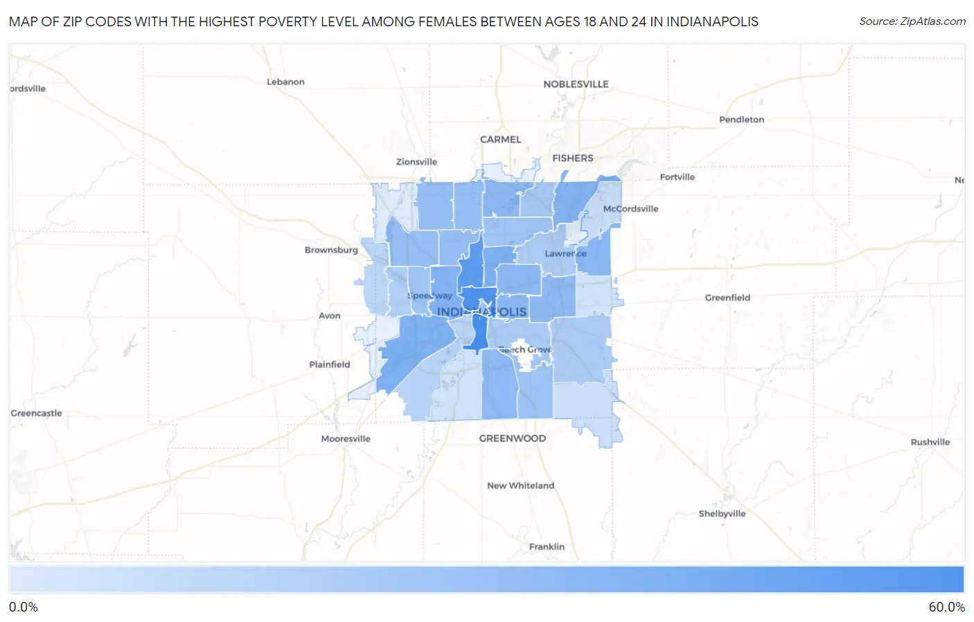 Zip Codes with the Highest Poverty Level Among Females Between Ages 18 and 24 in Indianapolis Map