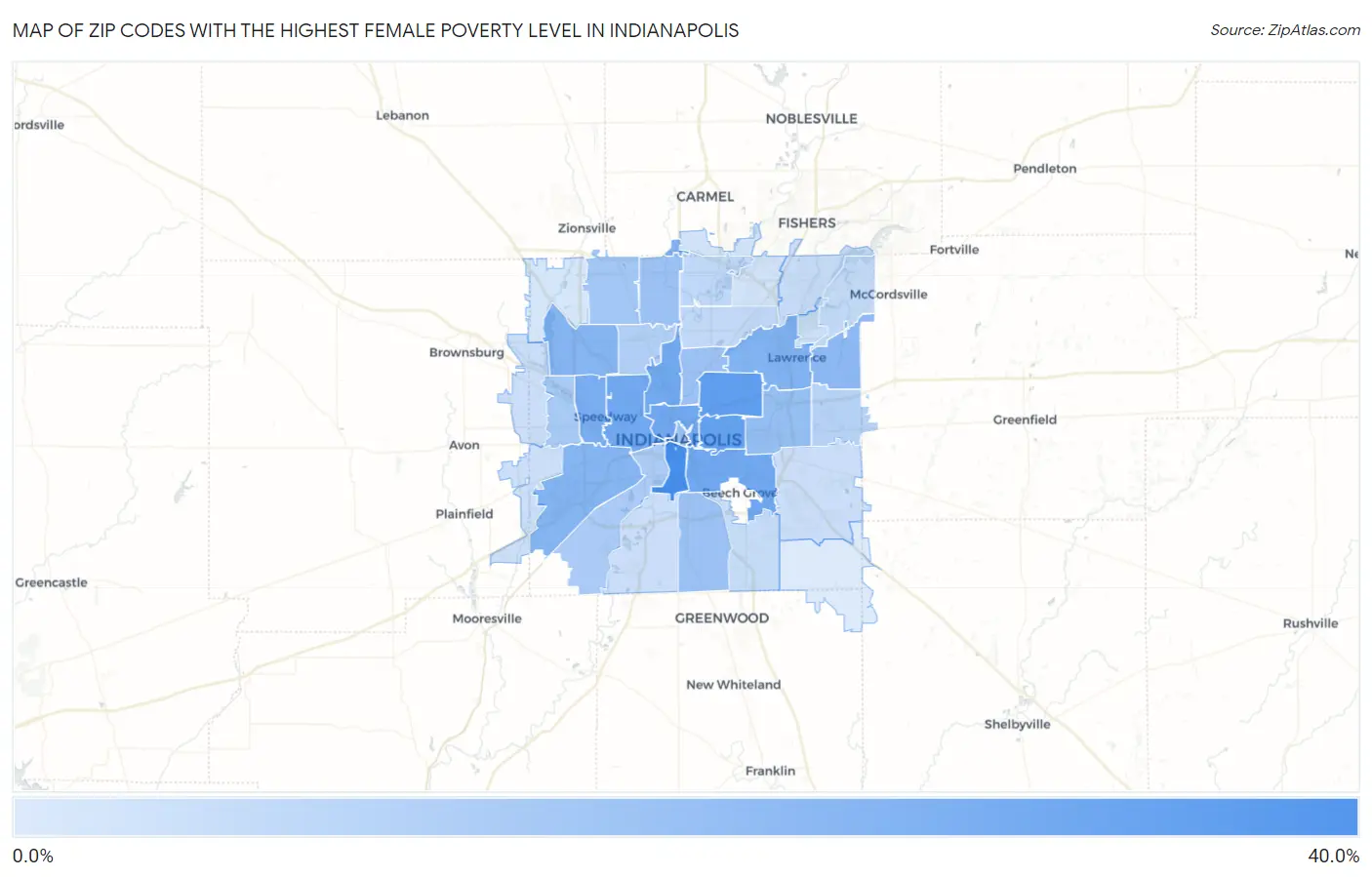 Zip Codes with the Highest Female Poverty Level in Indianapolis Map