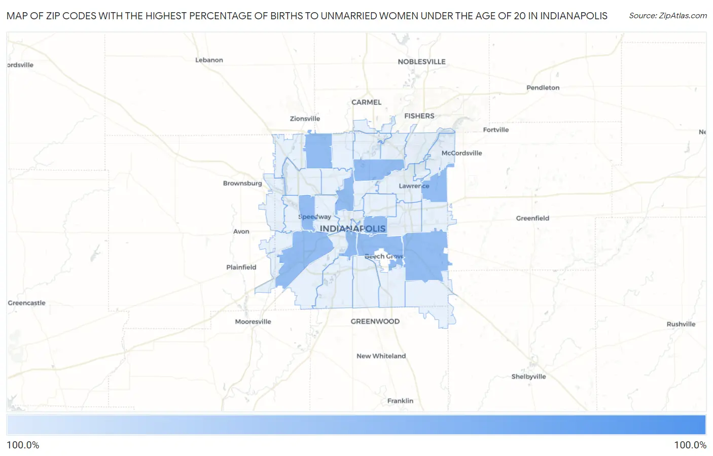 Zip Codes with the Highest Percentage of Births to Unmarried Women under the Age of 20 in Indianapolis Map