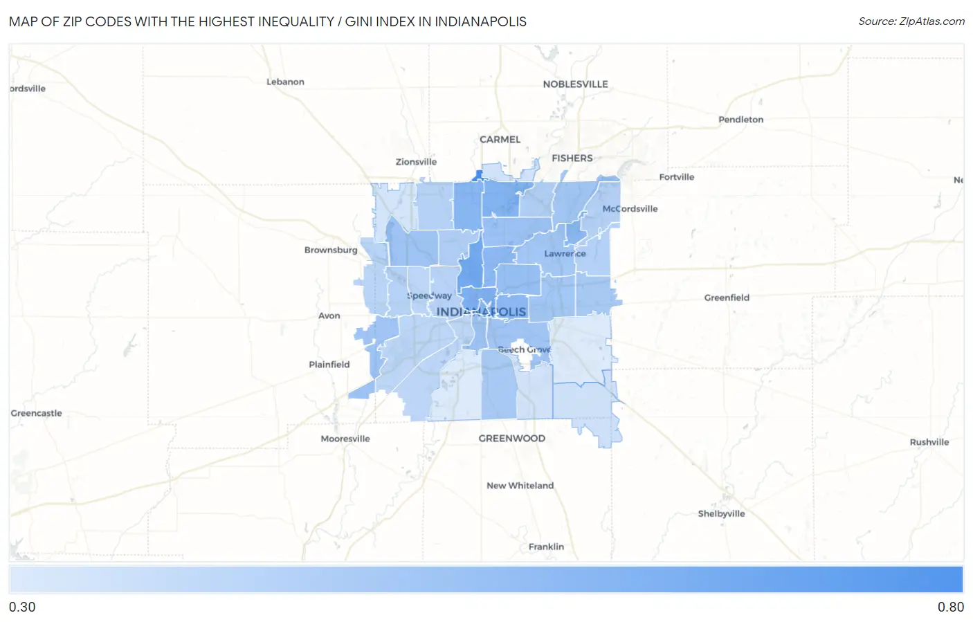 Zip Codes with the Highest Inequality / Gini Index in Indianapolis Map