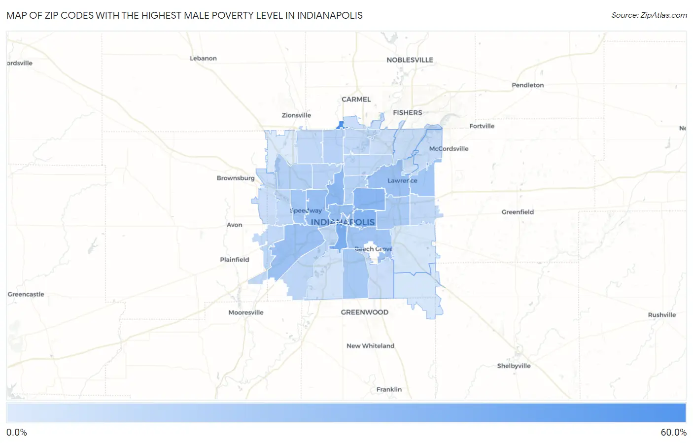 Zip Codes with the Highest Male Poverty Level in Indianapolis Map