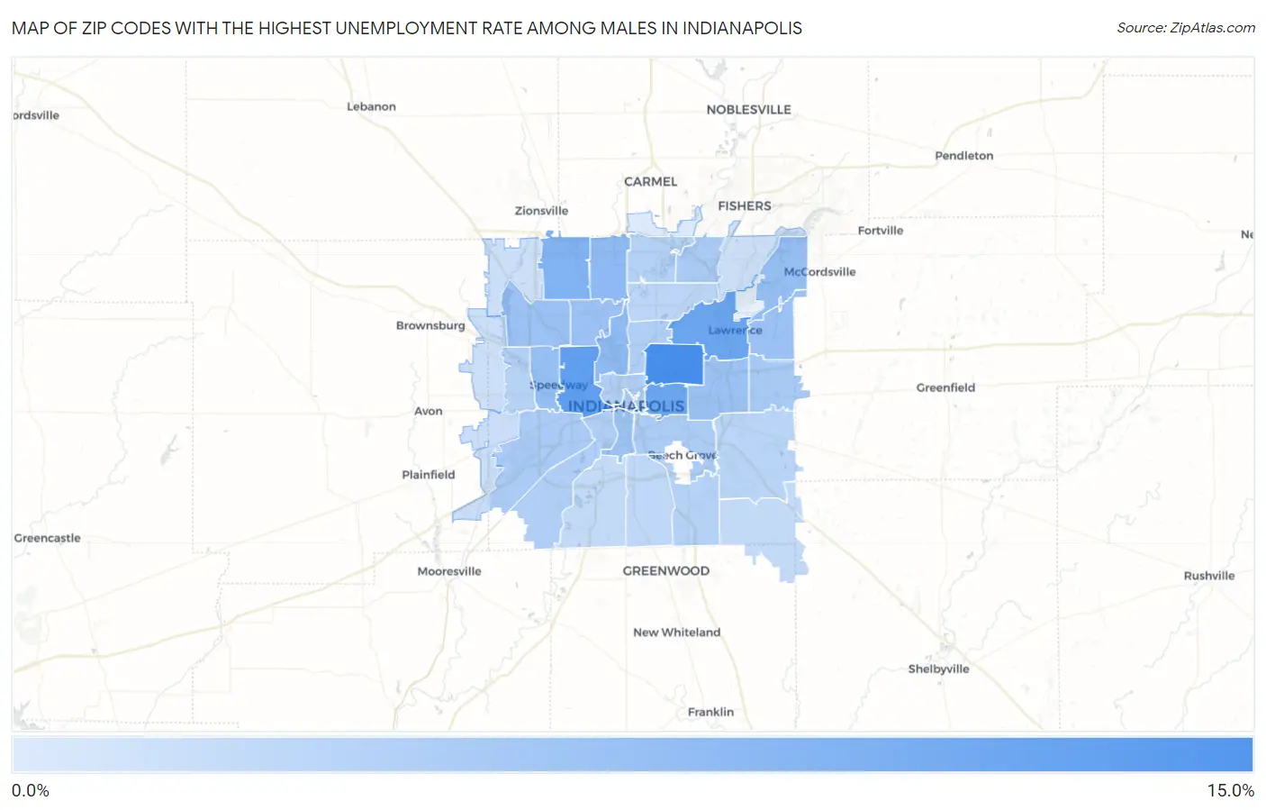 Zip Codes with the Highest Unemployment Rate Among Males in Indianapolis Map