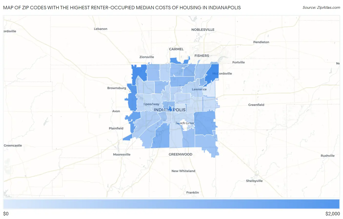 Zip Codes with the Highest Renter-Occupied Median Costs of Housing in Indianapolis Map