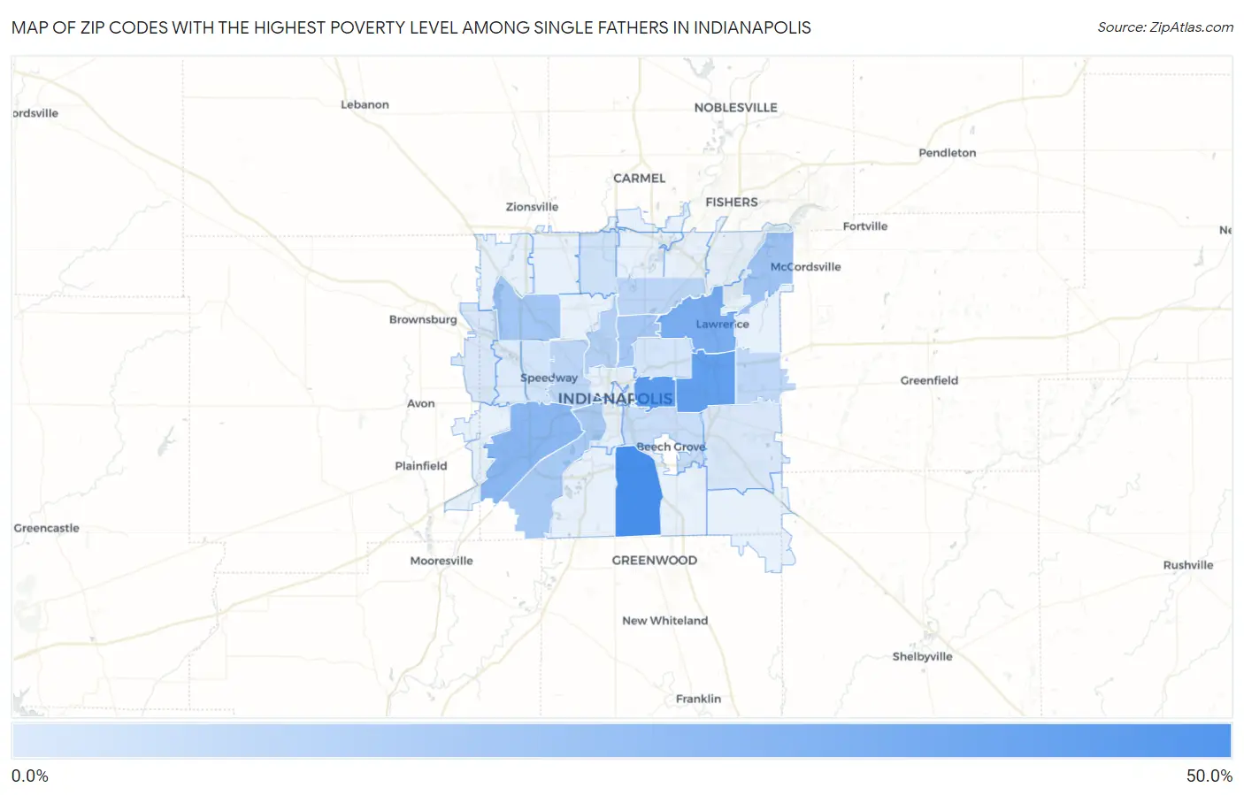 Zip Codes with the Highest Poverty Level Among Single Fathers in Indianapolis Map