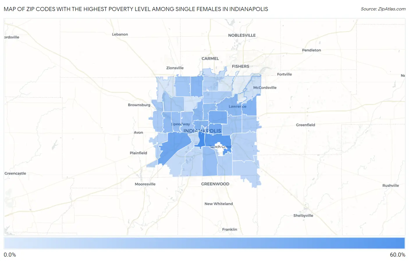 Zip Codes with the Highest Poverty Level Among Single Females in Indianapolis Map