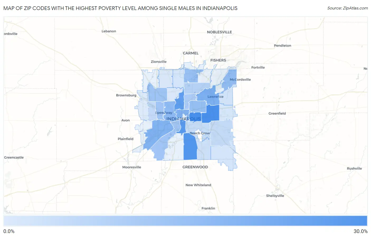 Zip Codes with the Highest Poverty Level Among Single Males in Indianapolis Map