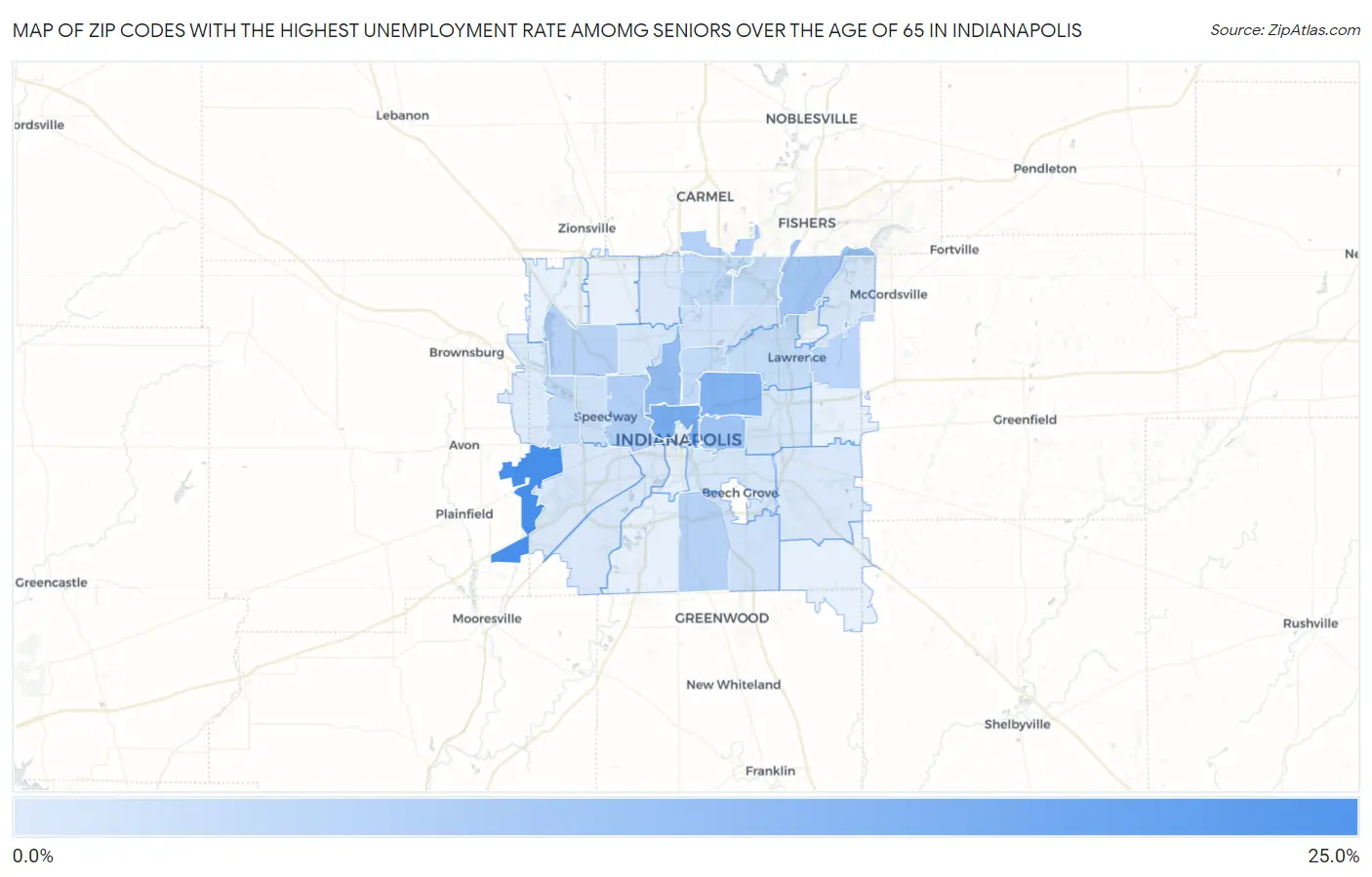 Zip Codes with the Highest Unemployment Rate Amomg Seniors Over the Age of 65 in Indianapolis Map