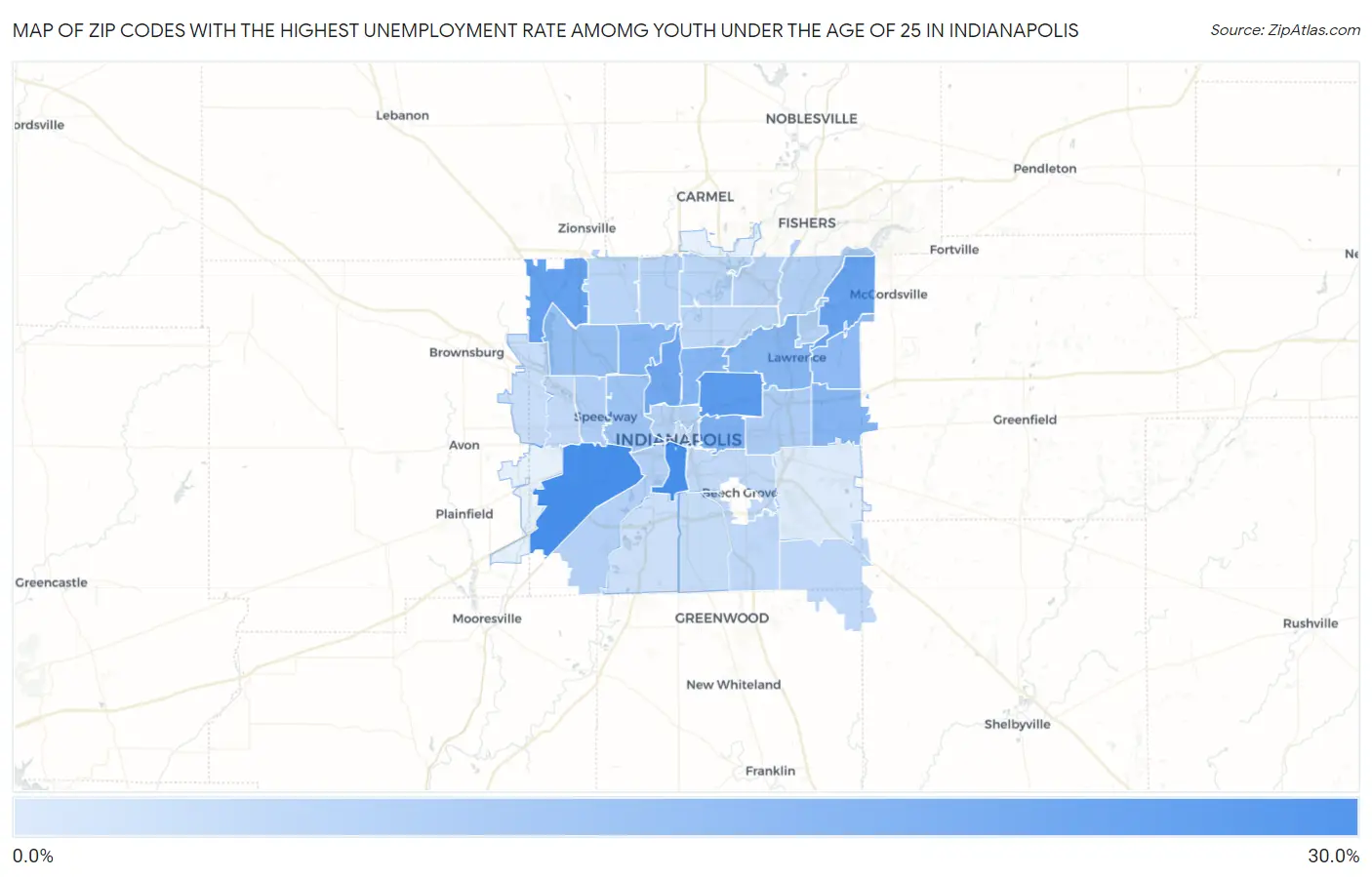 Zip Codes with the Highest Unemployment Rate Amomg Youth Under the Age of 25 in Indianapolis Map