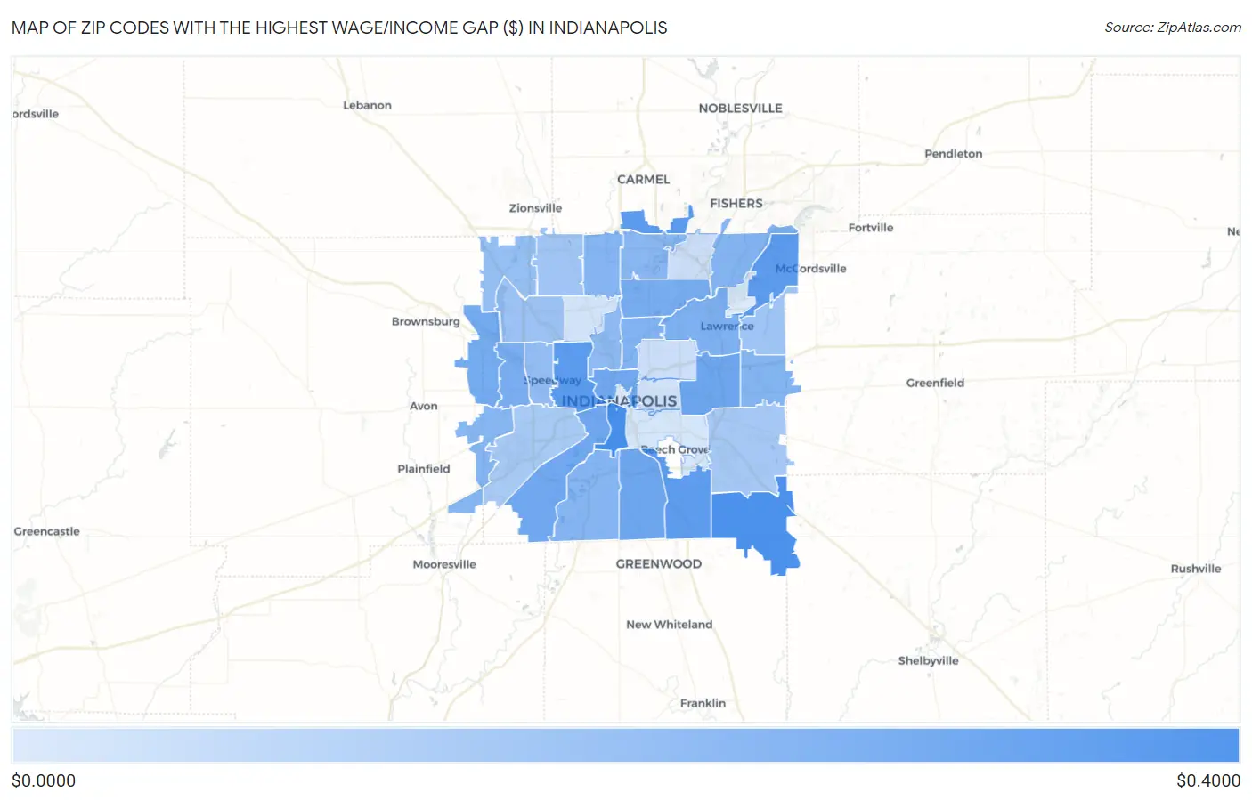 Zip Codes with the Highest Wage/Income Gap ($) in Indianapolis Map