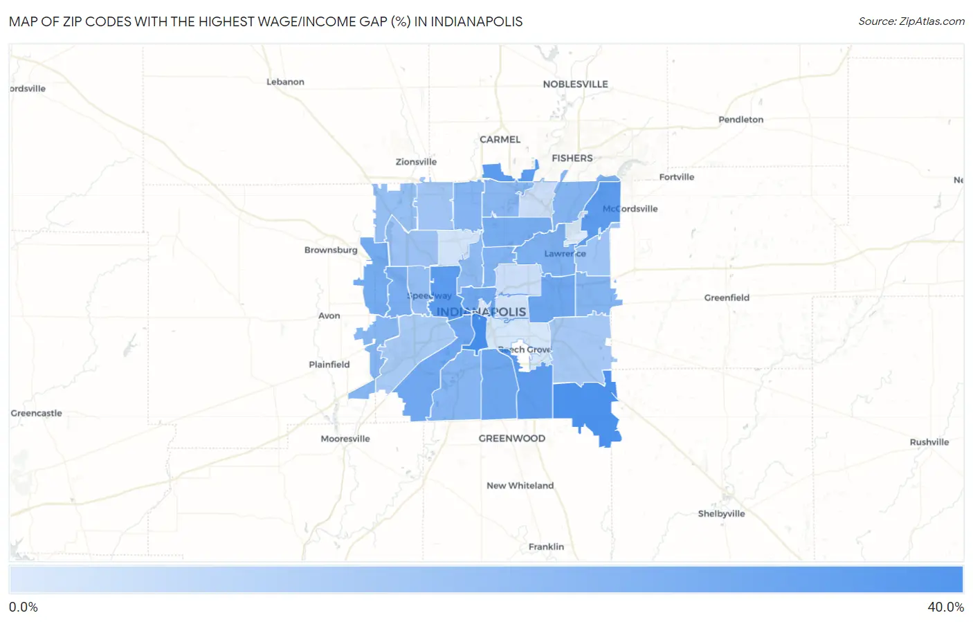 Zip Codes with the Highest Wage/Income Gap (%) in Indianapolis Map