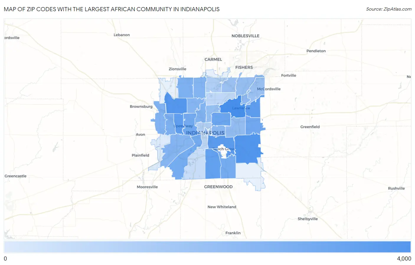 Zip Codes with the Largest African Community in Indianapolis Map