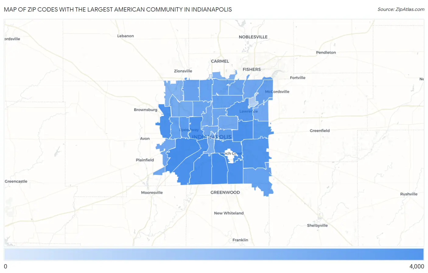 Zip Codes with the Largest American Community in Indianapolis Map