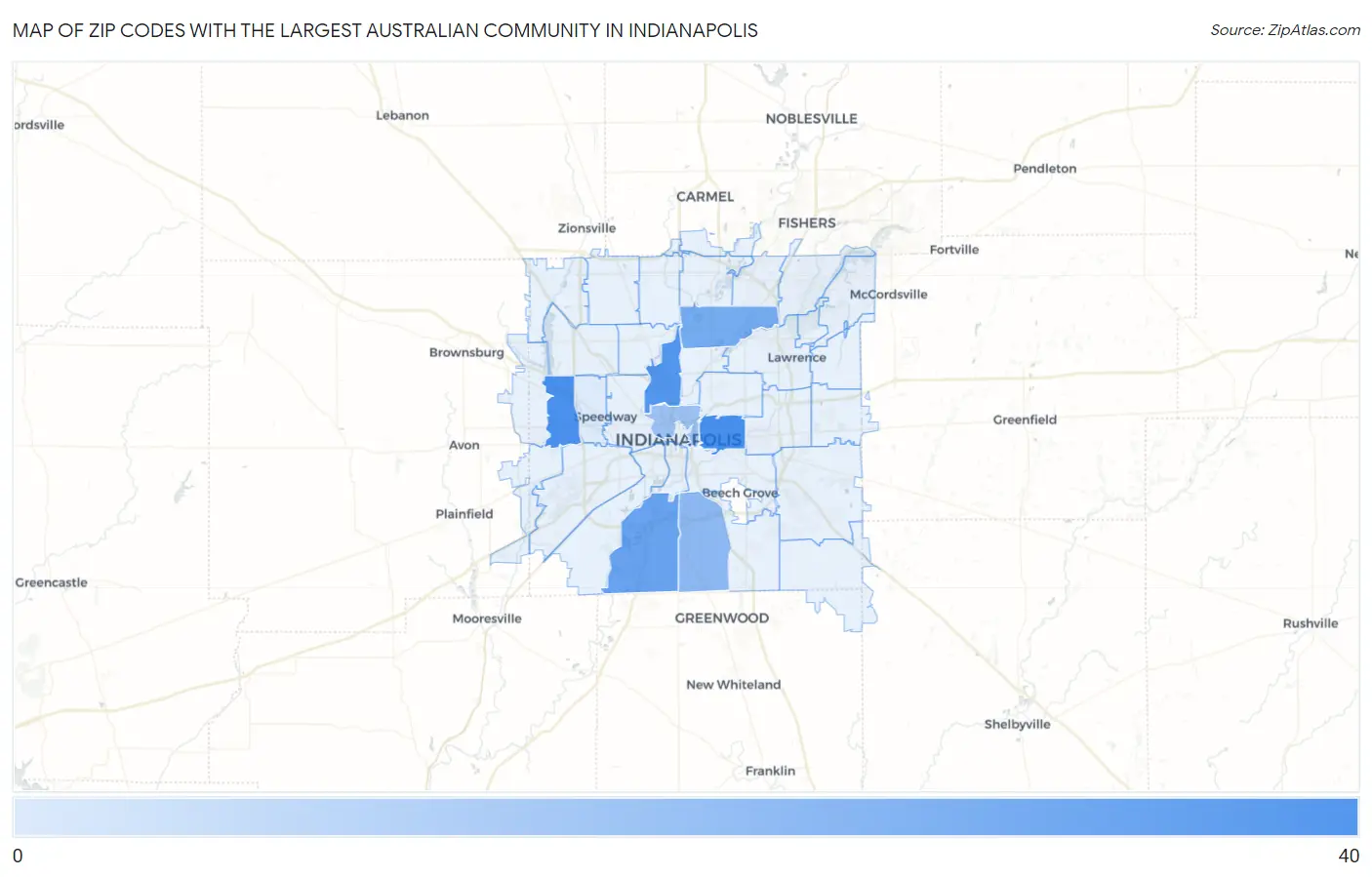 Zip Codes with the Largest Australian Community in Indianapolis Map