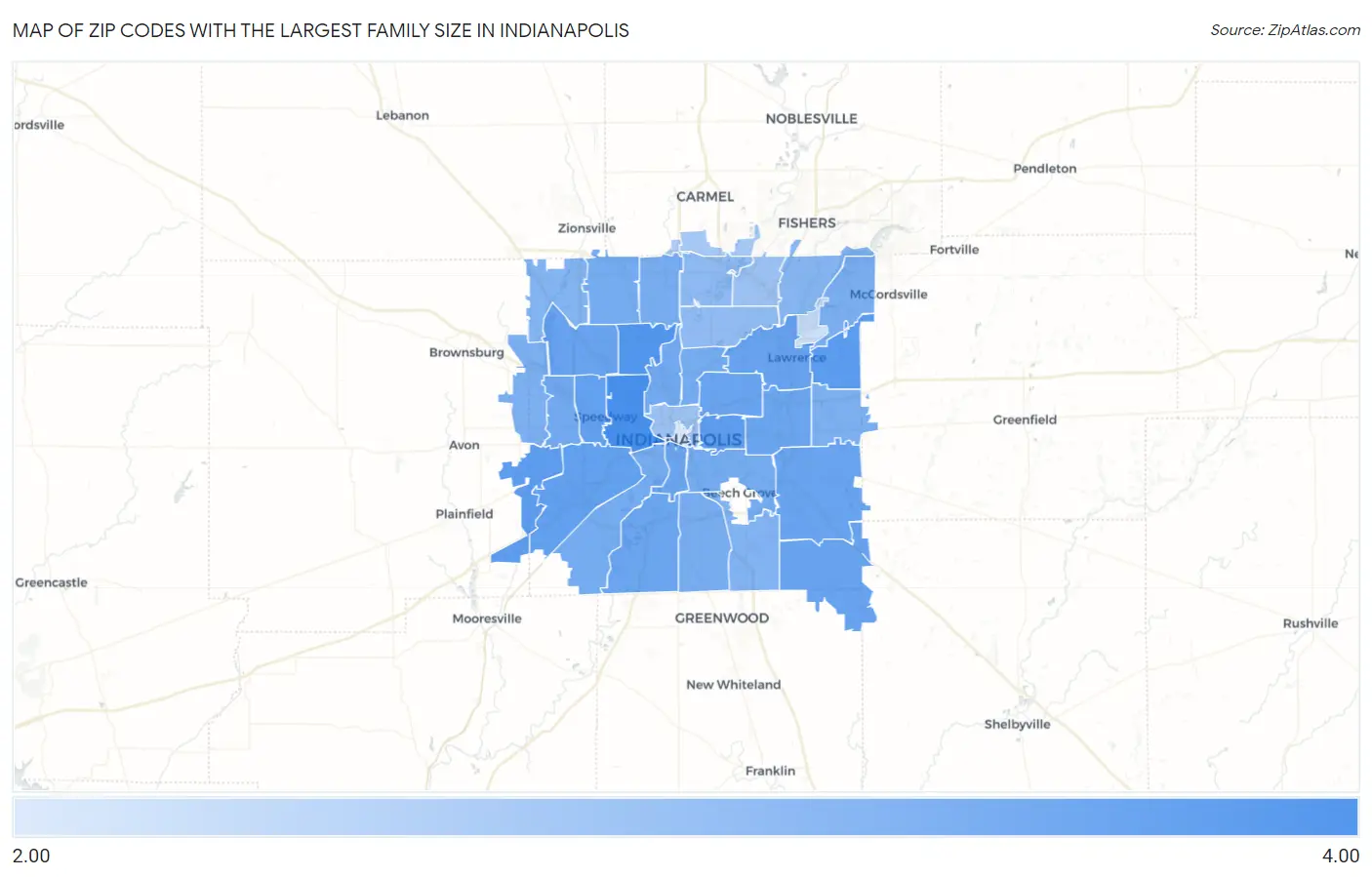 Zip Codes with the Largest Family Size in Indianapolis Map