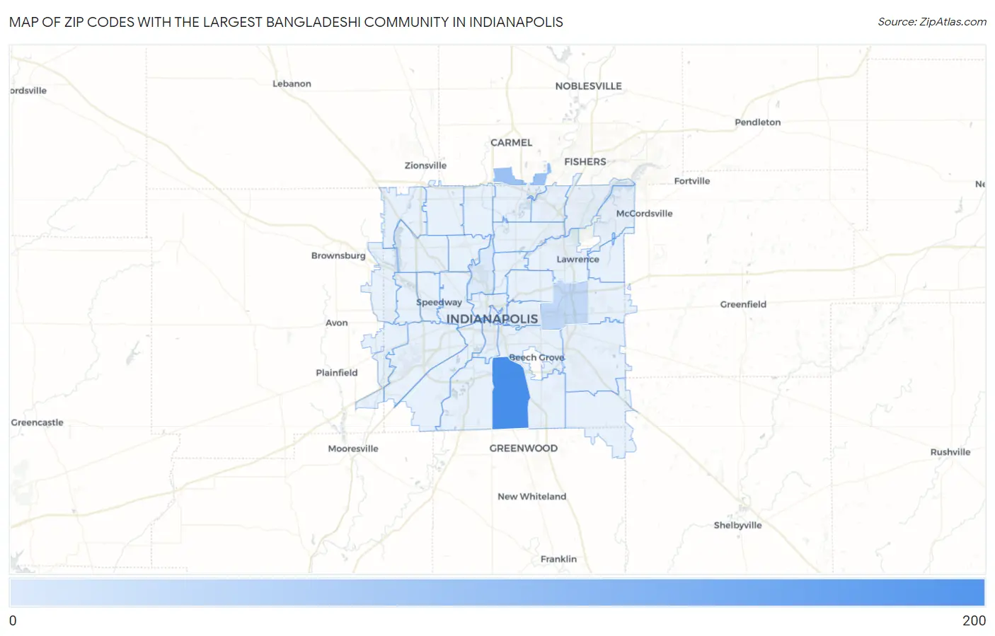 Zip Codes with the Largest Bangladeshi Community in Indianapolis Map
