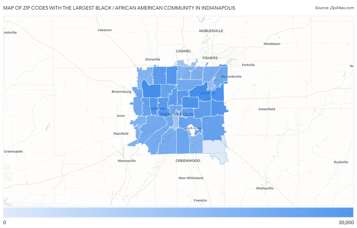 Zip Codes with the Largest Black / African American Community in Indianapolis Map