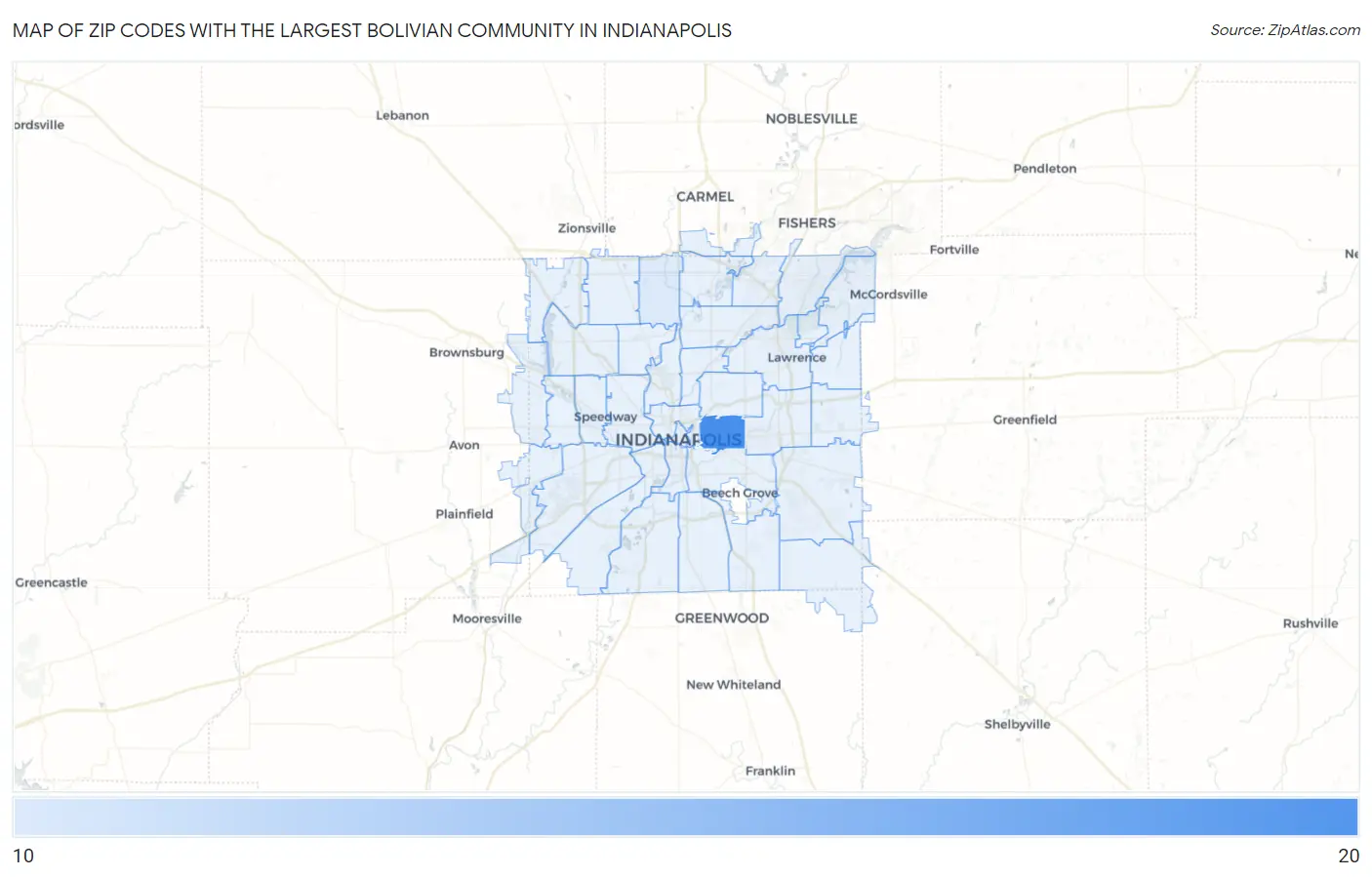 Zip Codes with the Largest Bolivian Community in Indianapolis Map