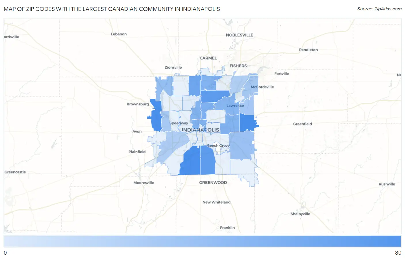 Zip Codes with the Largest Canadian Community in Indianapolis Map