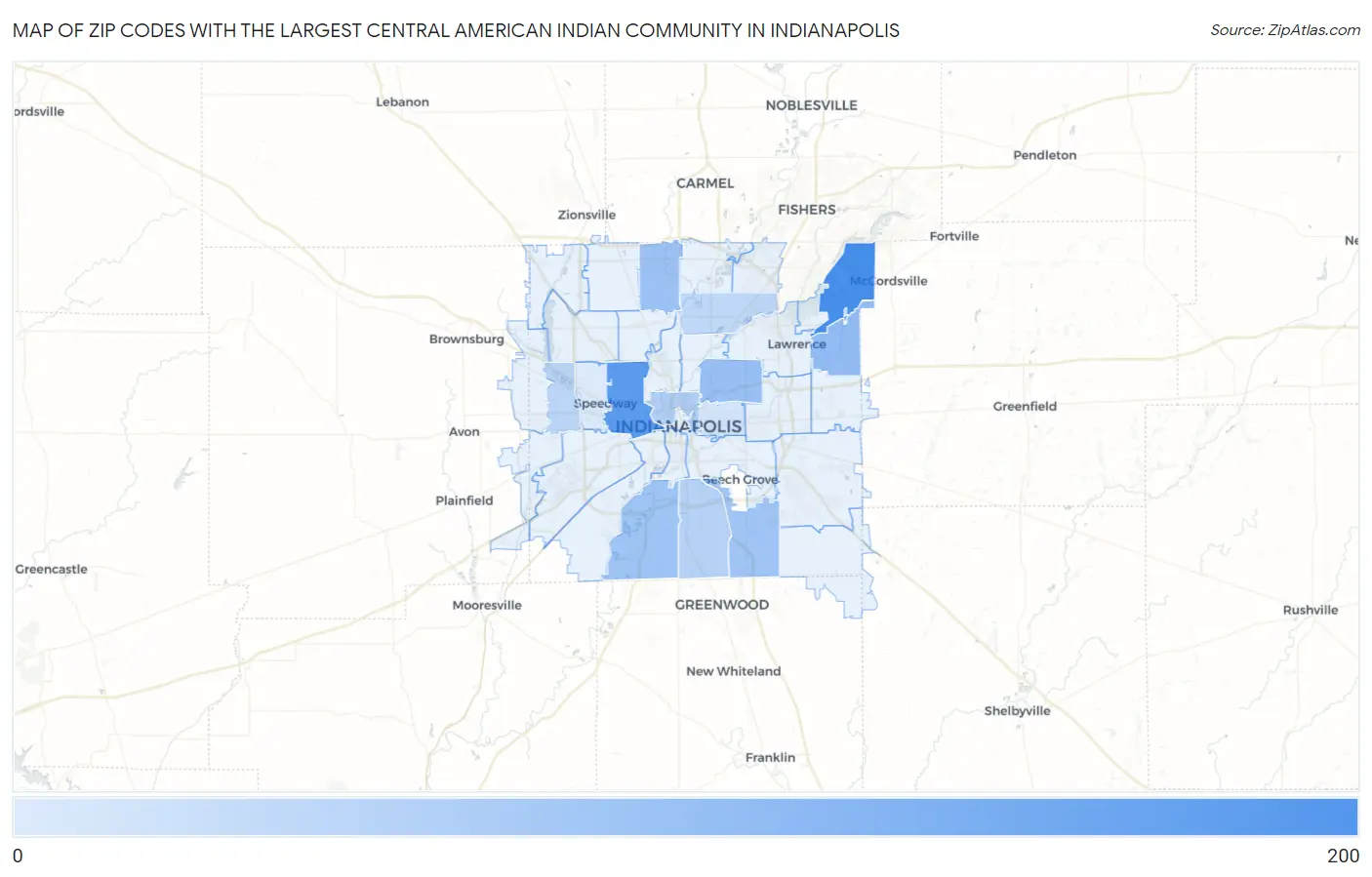 Zip Codes with the Largest Central American Indian Community in Indianapolis Map