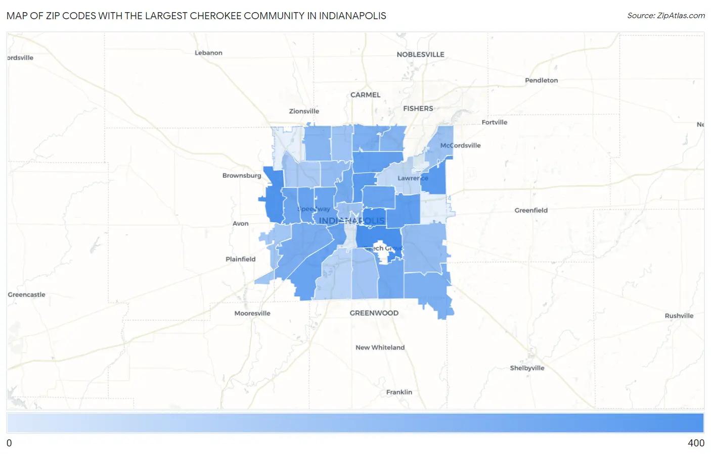 Zip Codes with the Largest Cherokee Community in Indianapolis Map