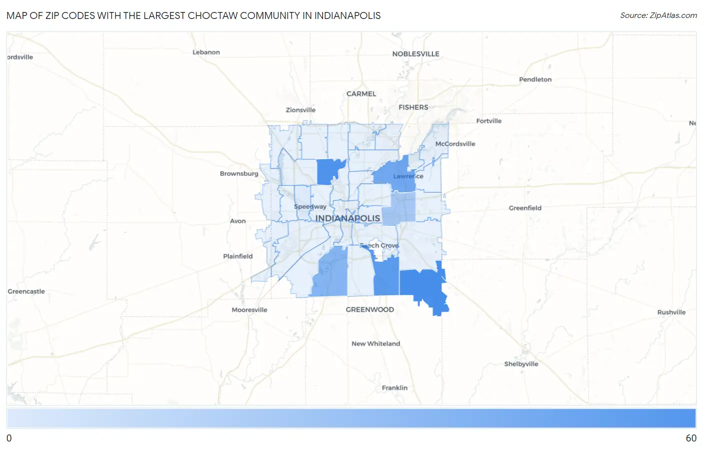 Zip Codes with the Largest Choctaw Community in Indianapolis Map