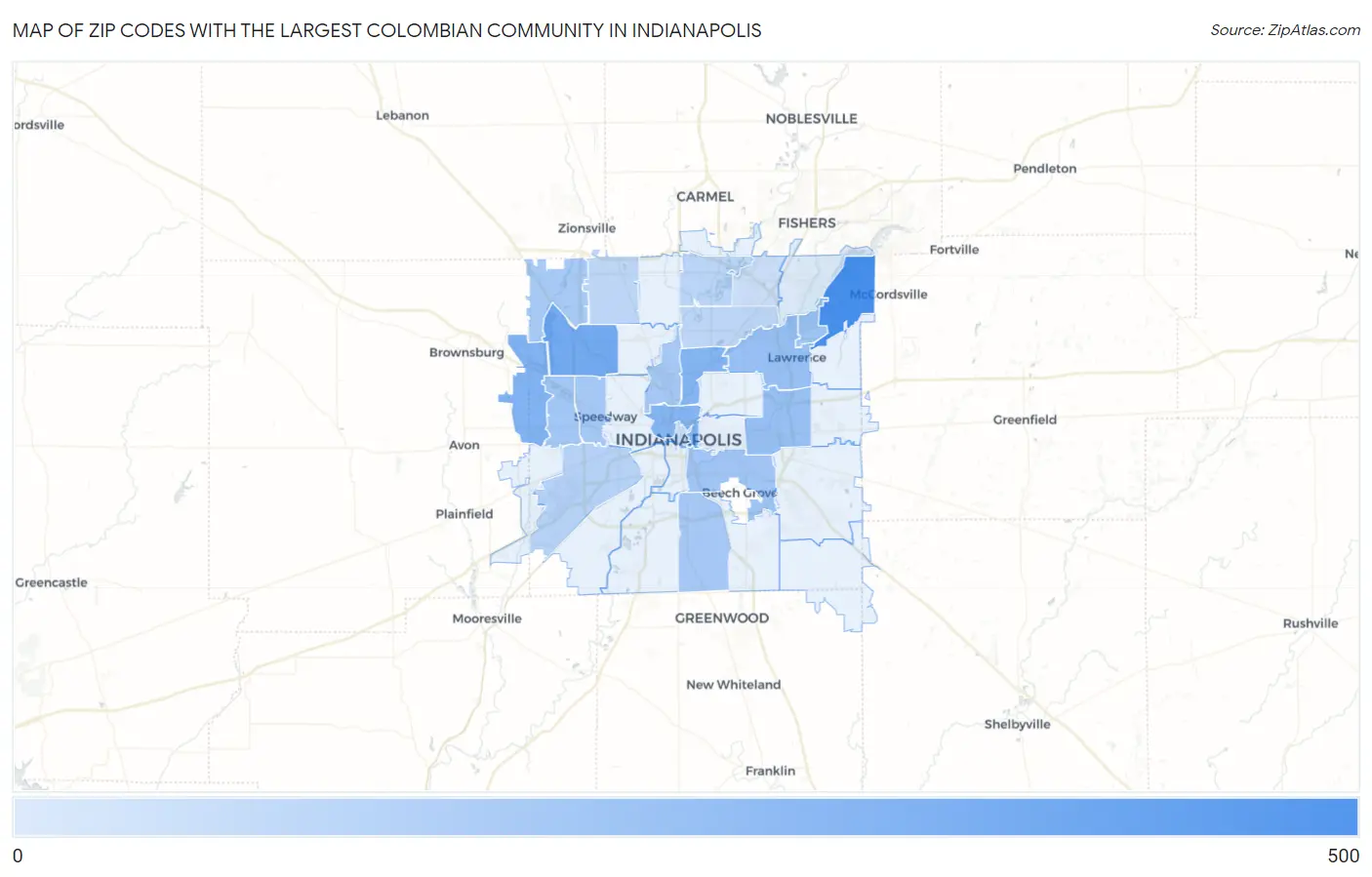 Zip Codes with the Largest Colombian Community in Indianapolis Map