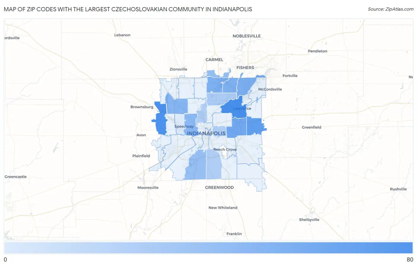 Zip Codes with the Largest Czechoslovakian Community in Indianapolis Map