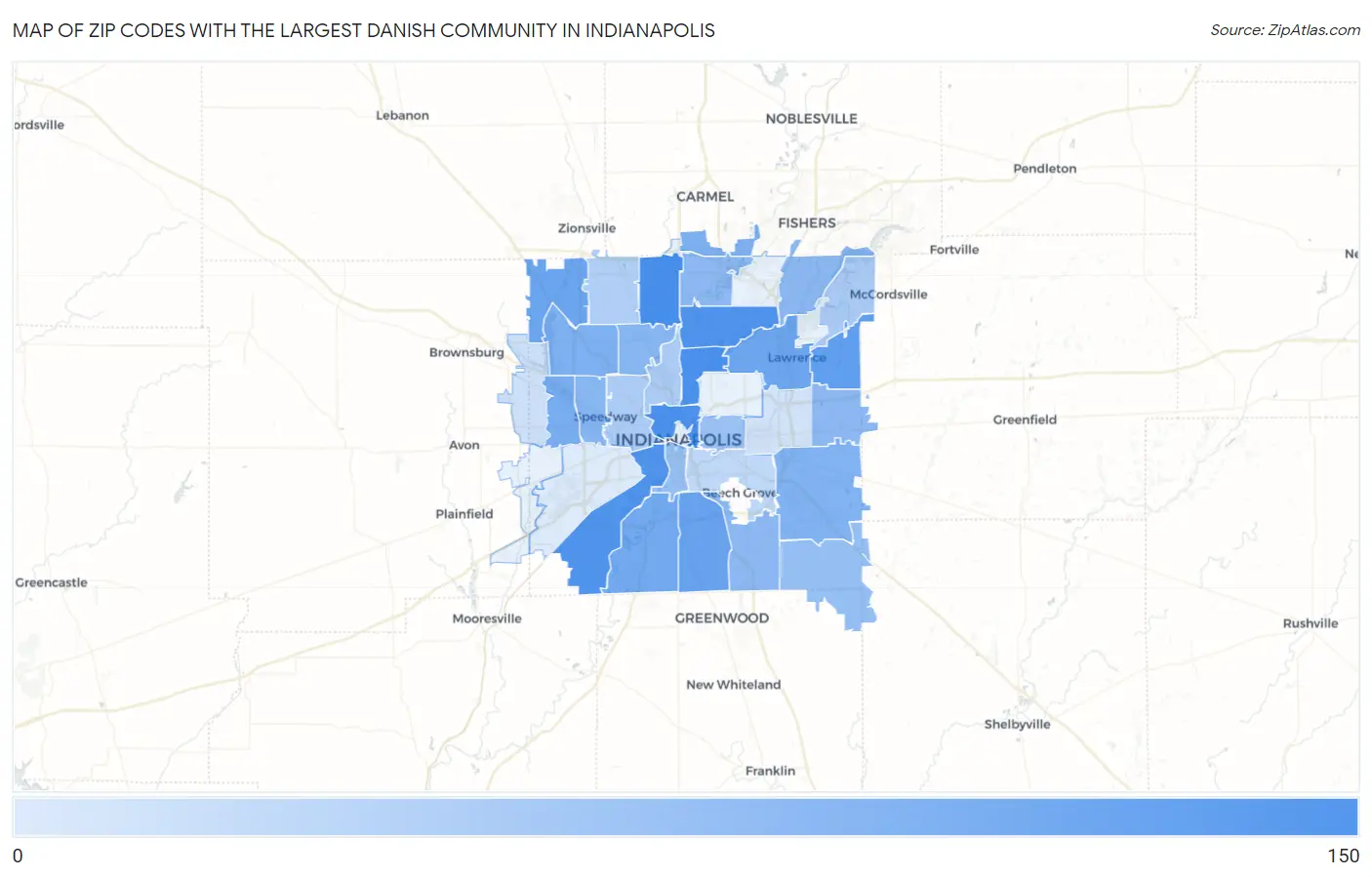 Zip Codes with the Largest Danish Community in Indianapolis Map
