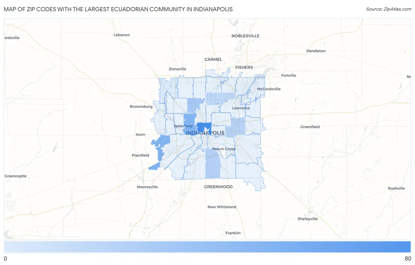 Zip Codes with the Largest Ecuadorian Community in Indianapolis Map