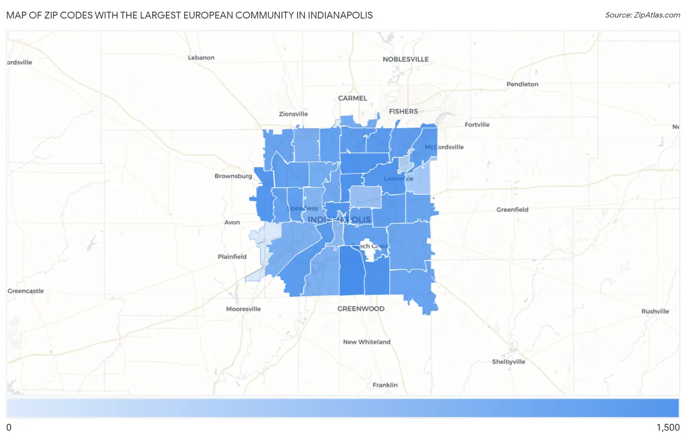 Zip Codes with the Largest European Community in Indianapolis Map