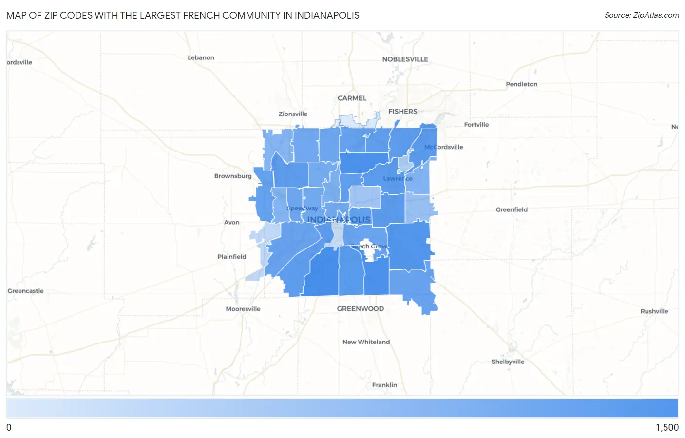 Zip Codes with the Largest French Community in Indianapolis Map