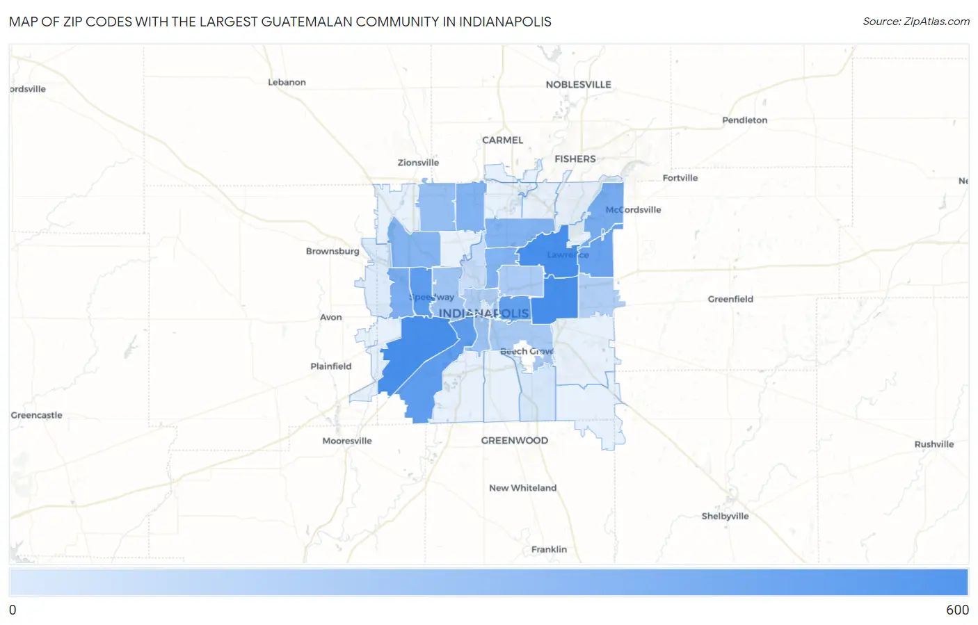 Zip Codes with the Largest Guatemalan Community in Indianapolis Map