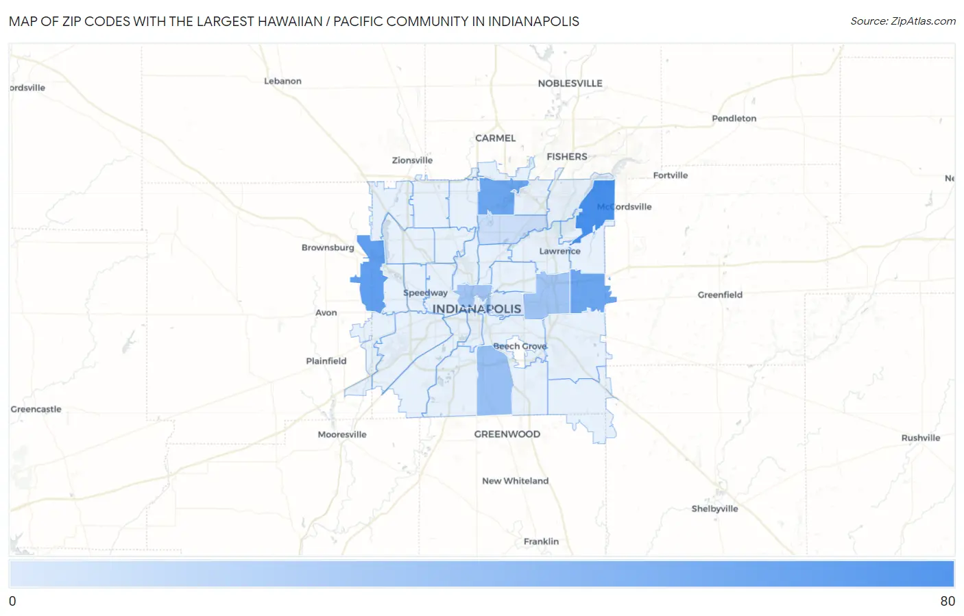 Zip Codes with the Largest Hawaiian / Pacific Community in Indianapolis Map