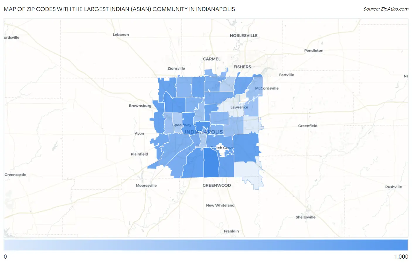Zip Codes with the Largest Indian (Asian) Community in Indianapolis Map