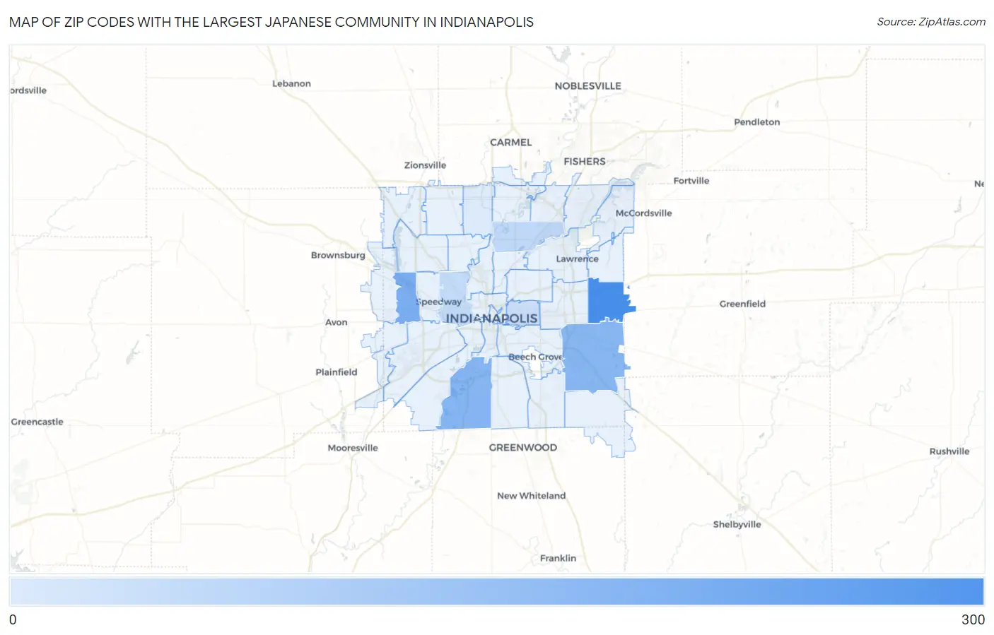 Zip Codes with the Largest Japanese Community in Indianapolis Map