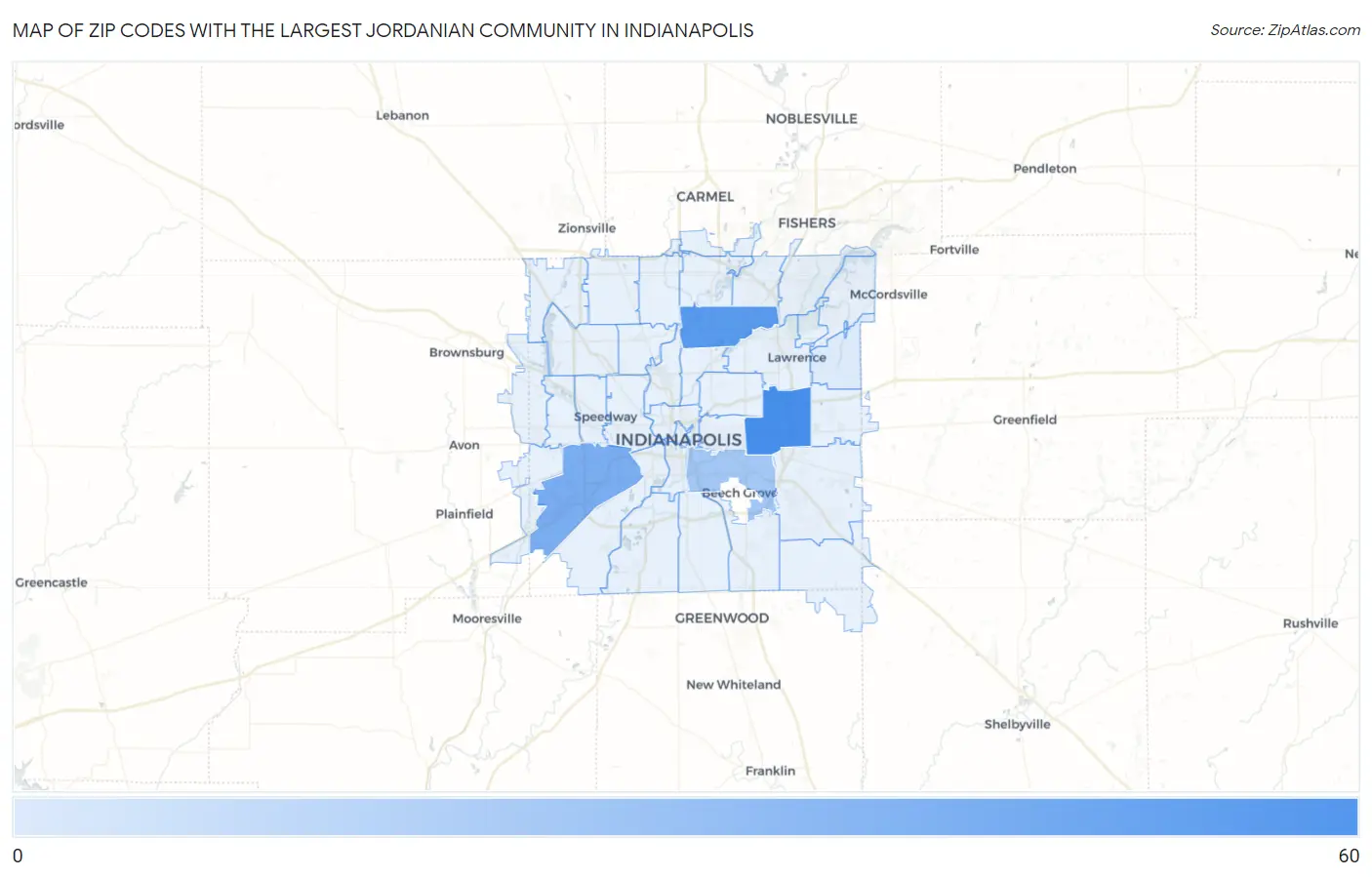 Zip Codes with the Largest Jordanian Community in Indianapolis Map