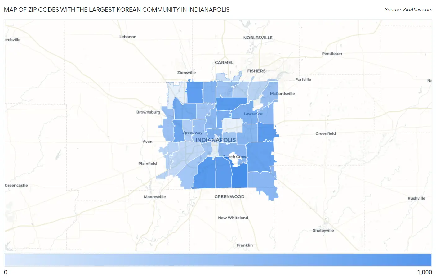 Zip Codes with the Largest Korean Community in Indianapolis Map
