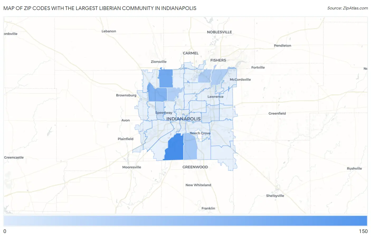 Zip Codes with the Largest Liberian Community in Indianapolis Map