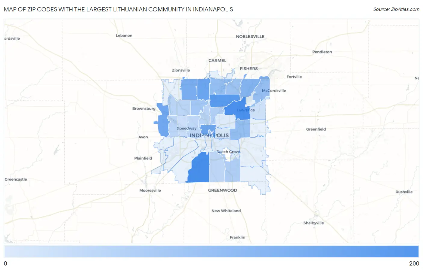 Zip Codes with the Largest Lithuanian Community in Indianapolis Map