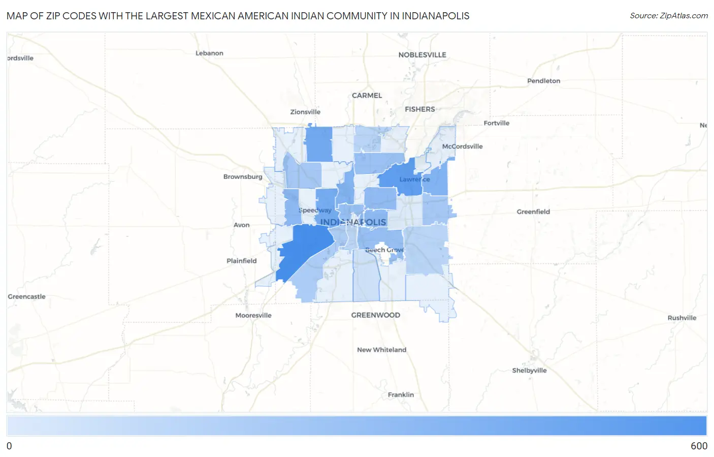 Zip Codes with the Largest Mexican American Indian Community in Indianapolis Map