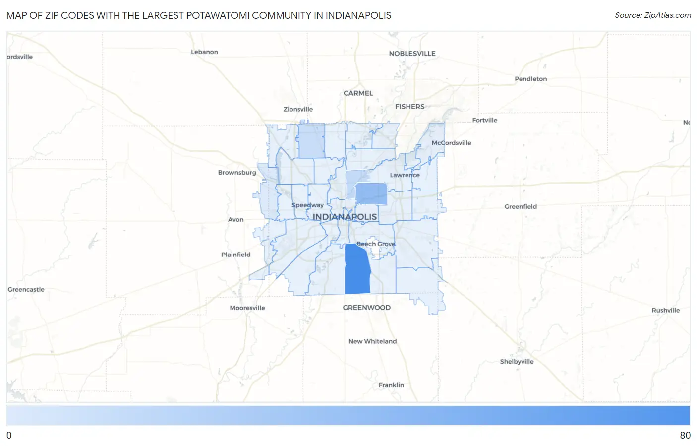 Zip Codes with the Largest Potawatomi Community in Indianapolis Map
